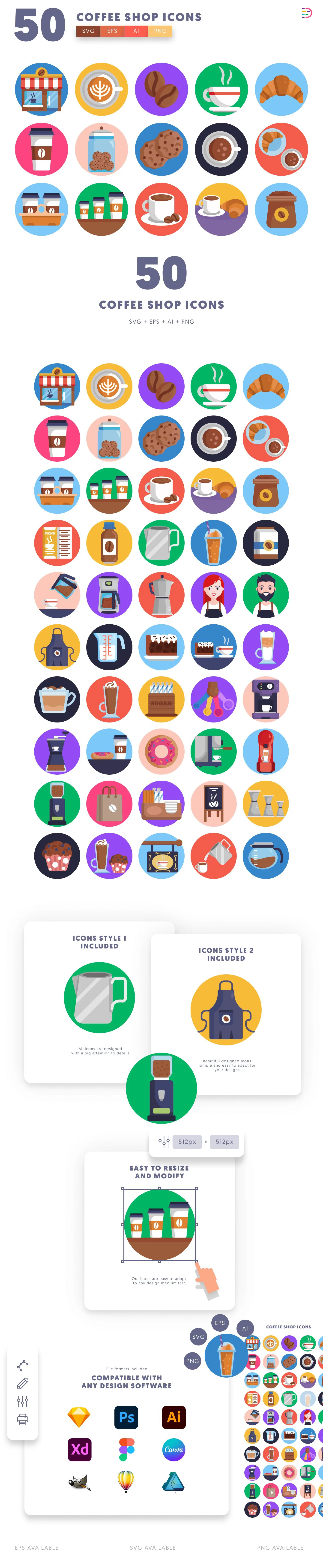 50 Coffee Shop Icons – set of colorful flat circle icons