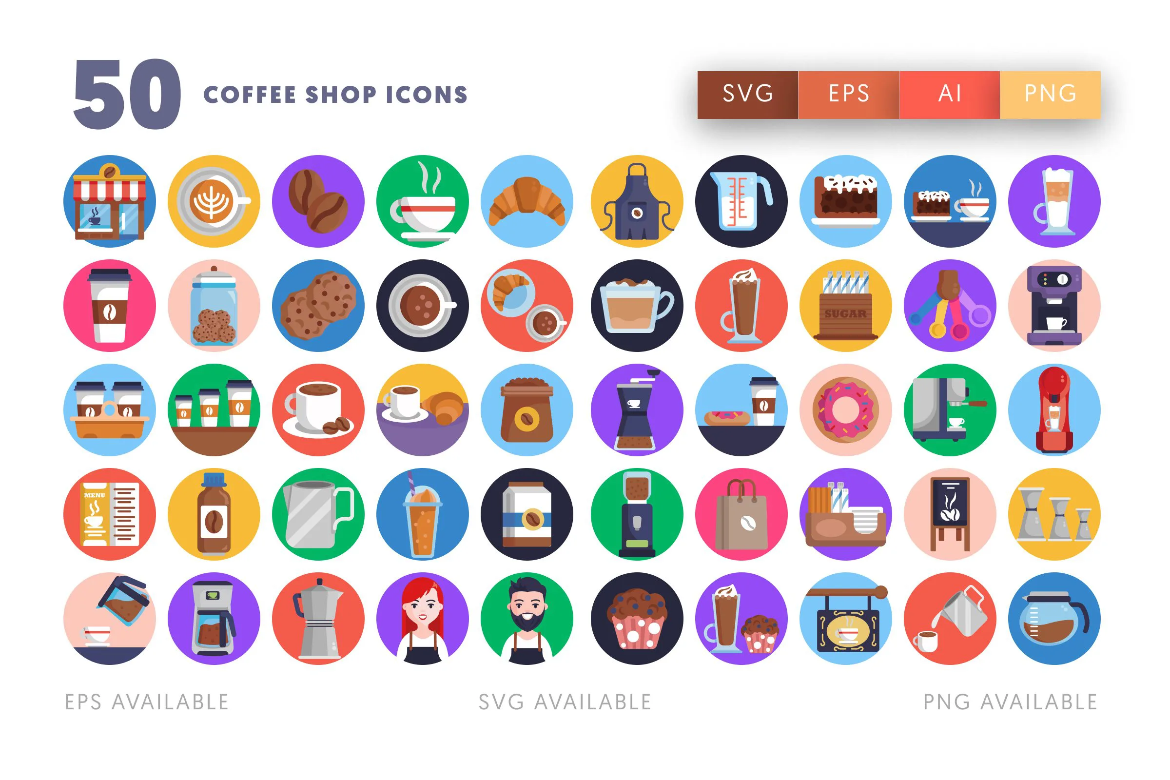 50 Coffee Shop Icons – set of colorful flat circle icons