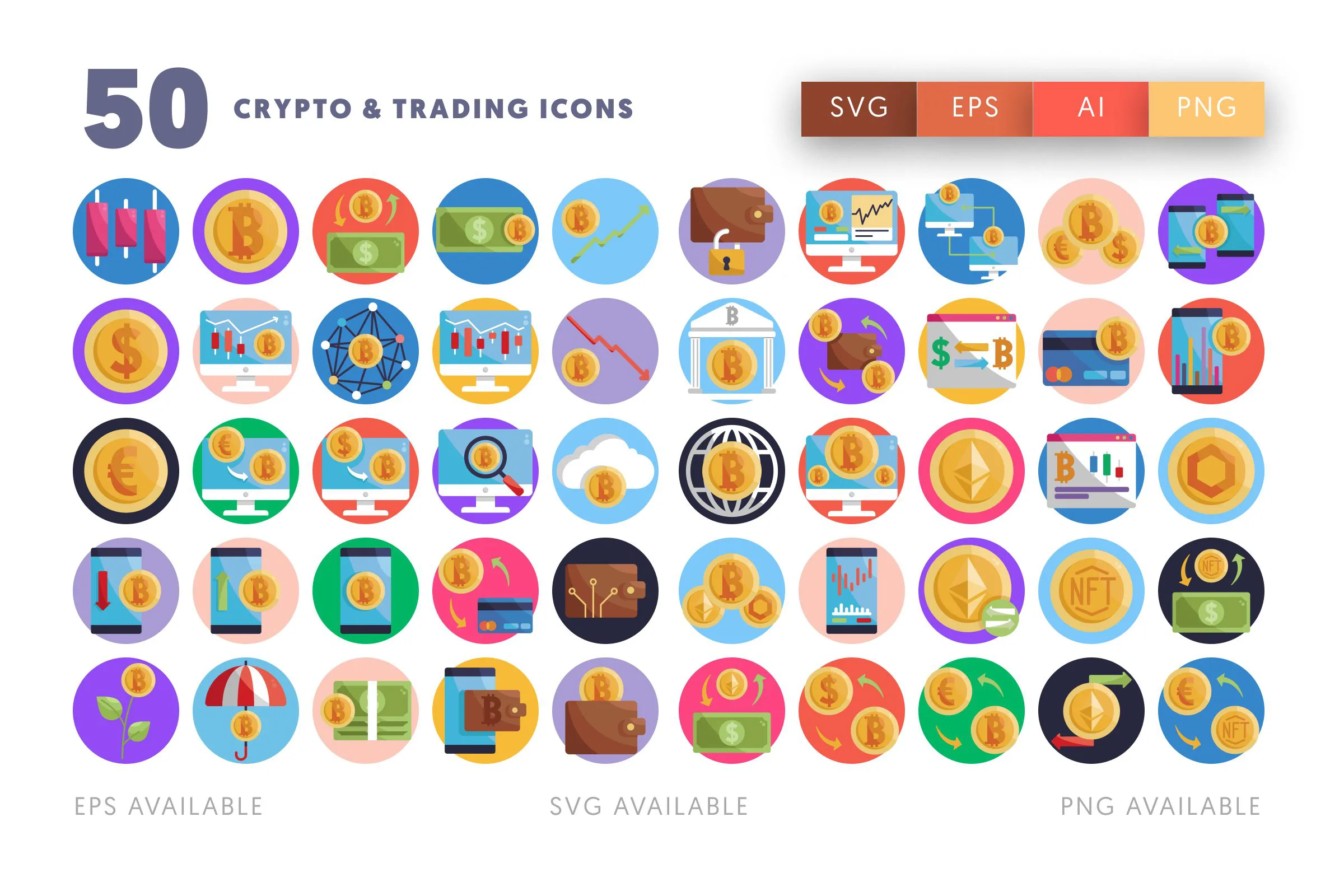 50 Crypto Exchange & Trading Icons – flat circle icon set