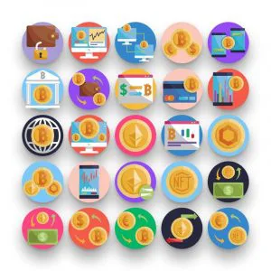 50 Crypto Exchange & Trading Icons – set of colorful flat circle icons