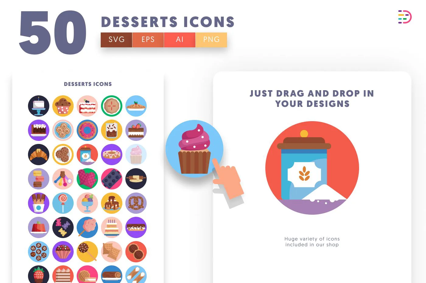 50 Desserts Icons preview 1 – flat circle icons in PNG, SVG and EPS