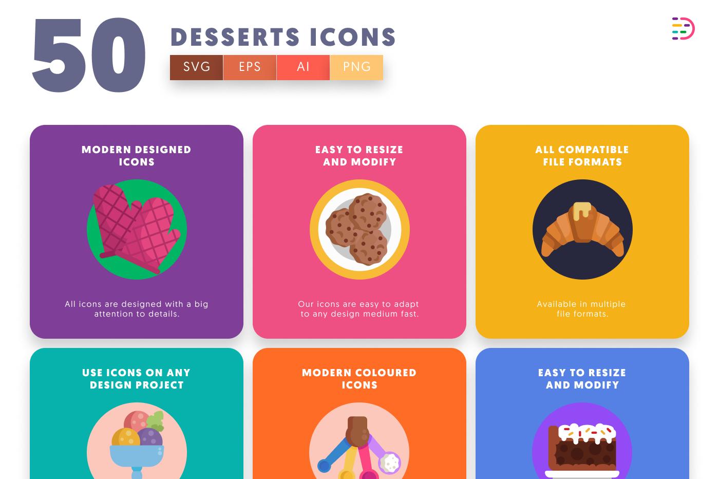 50 Desserts Icons preview 5 – flat circle icons in PNG, SVG and EPS