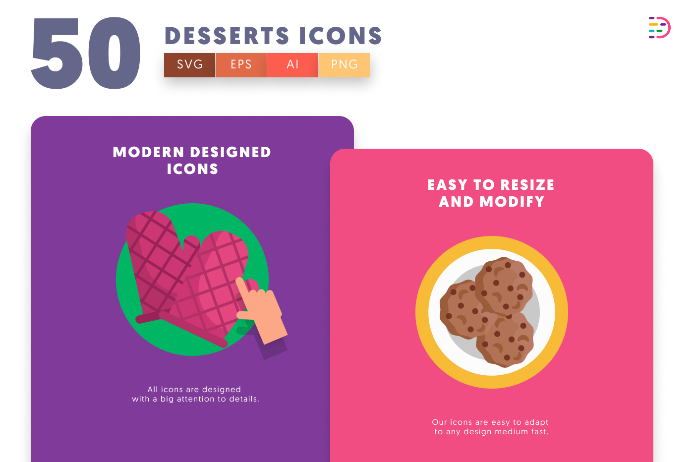 50 Desserts Icons cover – flat circle icons in PNG, SVG and EPS