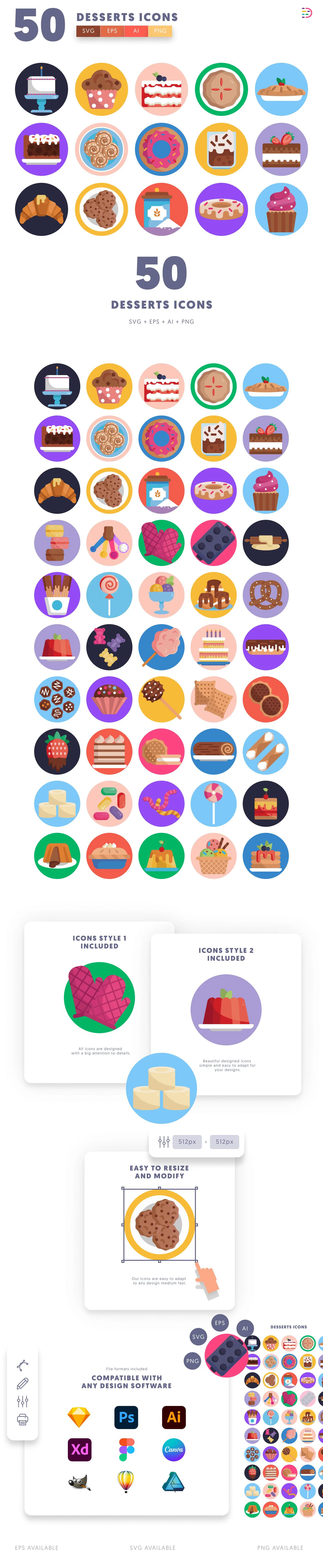 50 Desserts Icons cover – flat circle icons in PNG, SVG and EPS