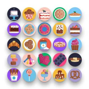 50 Desserts Icons – set of colorful flat circle icons