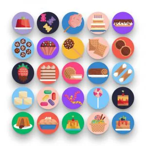 50 Desserts Icons – set of colorful flat circle icons