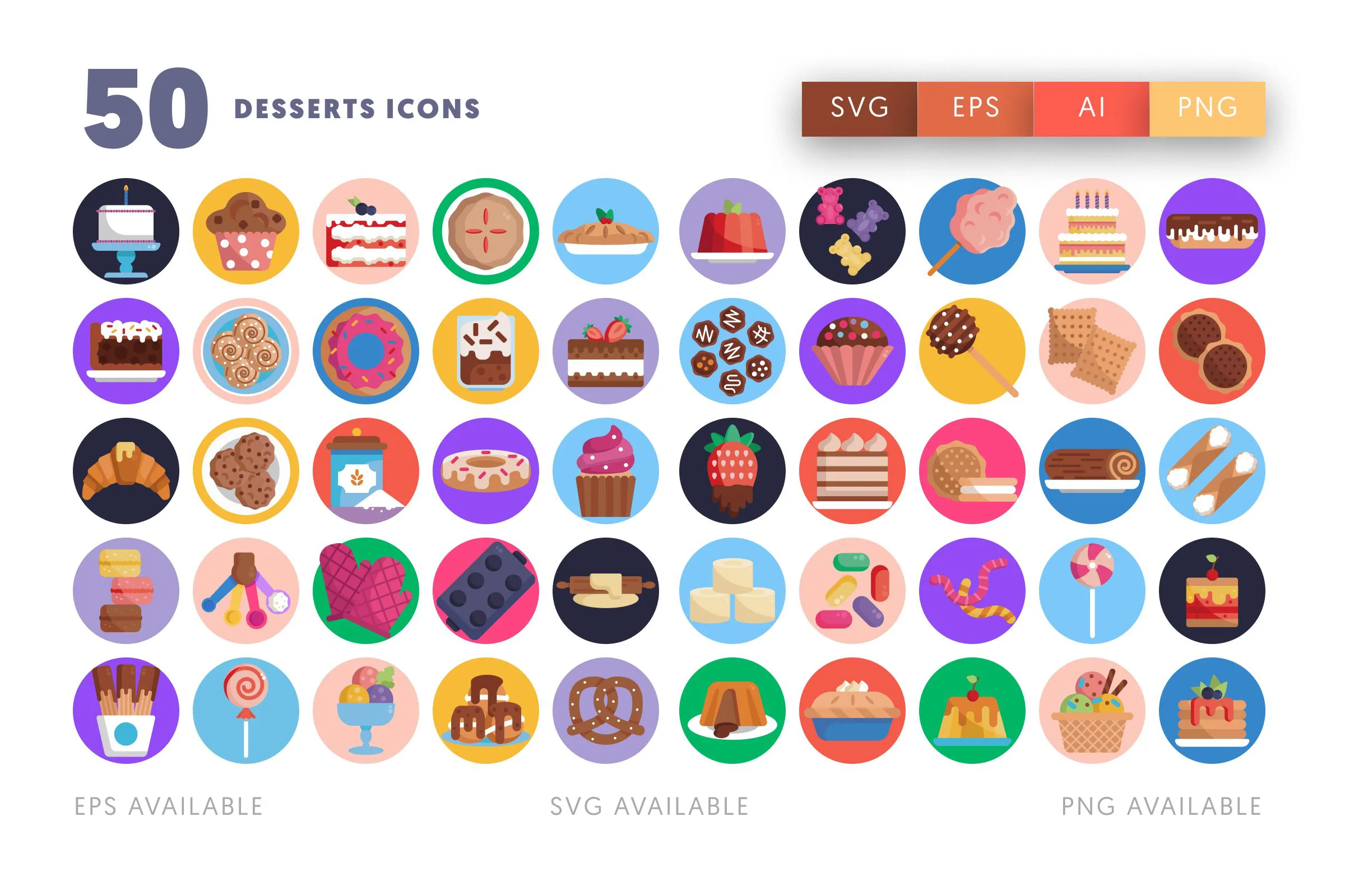 50 Desserts Icons – flat circle icon set