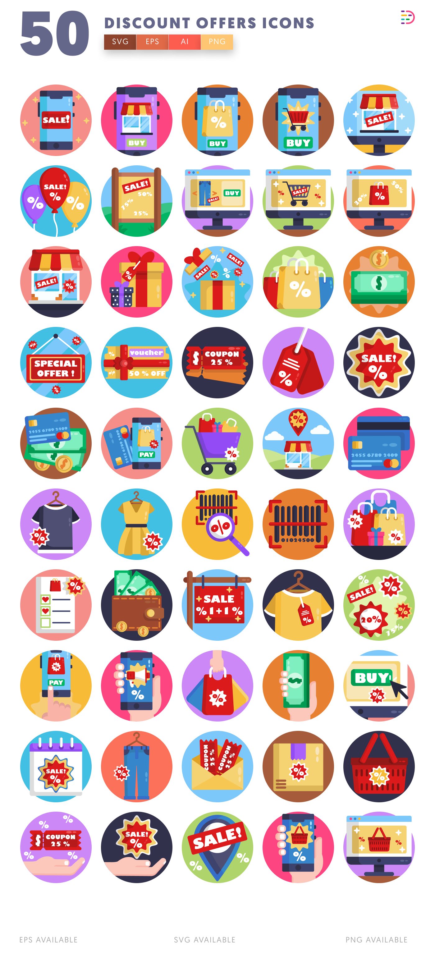 Discount and Sales Offers Icons pack with percentage off, free shipping, and buy one get one free designs