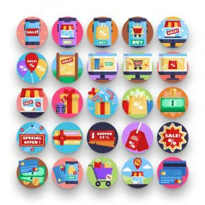 50 Discount and Sales Offers Icons – set of colorful flat circle icons