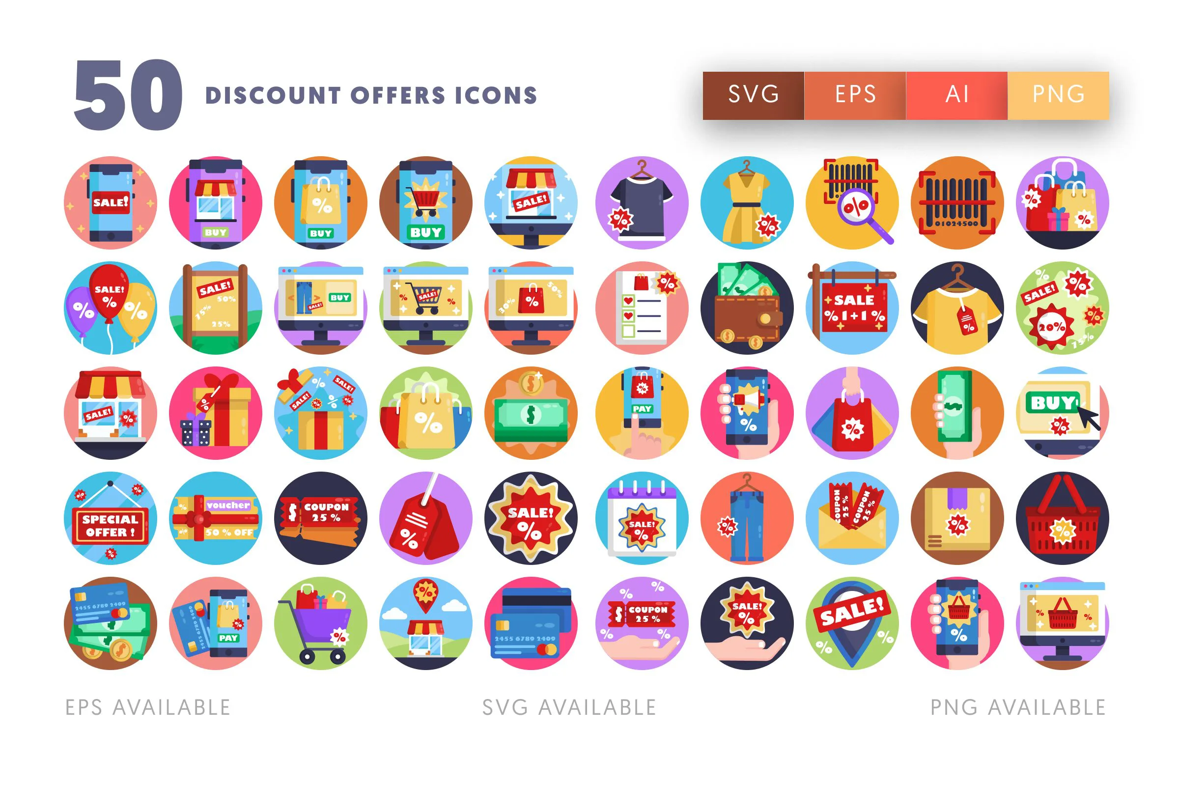 50 Discount and Sales Offers Icons – flat circle icon set