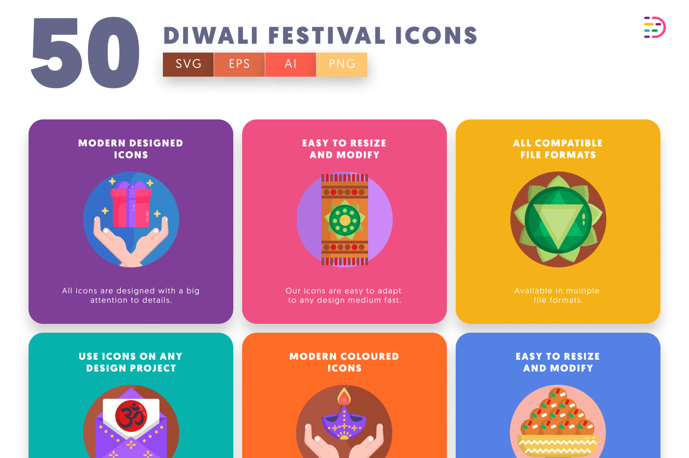 50 Diwali Lights Festival Icons preview 5 – flat circle icons in PNG, SVG and EPS