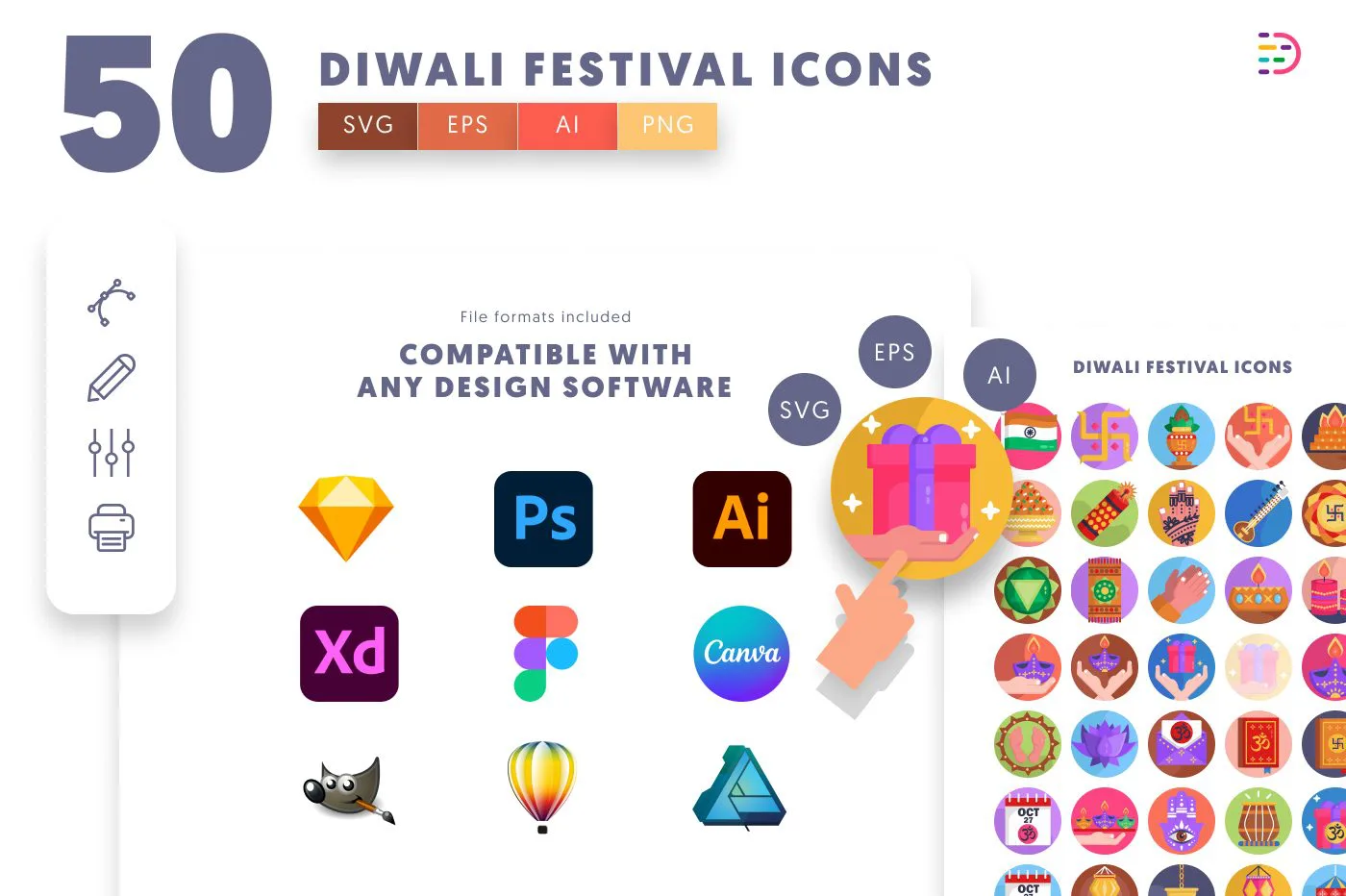 50 Diwali Lights Festival Icons preview 8 – flat circle icons in PNG, SVG and EPS