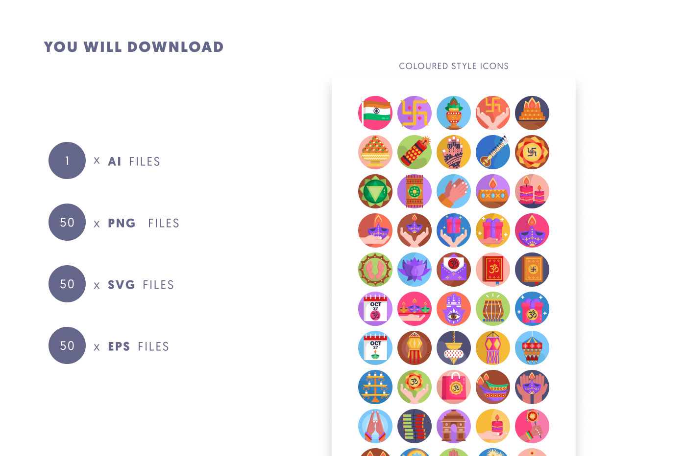 50 Diwali Lights Festival Icons preview 9 – flat circle icons in PNG, SVG and EPS