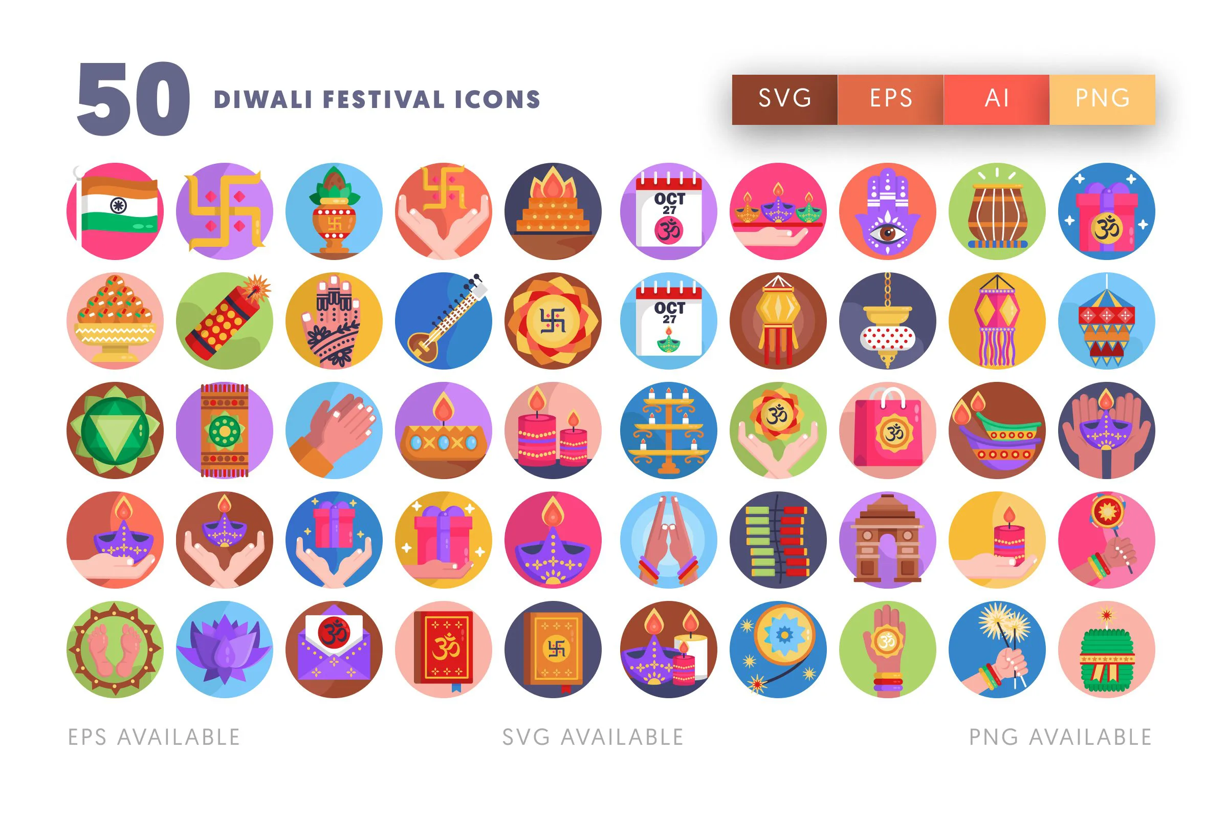 50 Diwali Lights Festival Icons – flat circle icon set