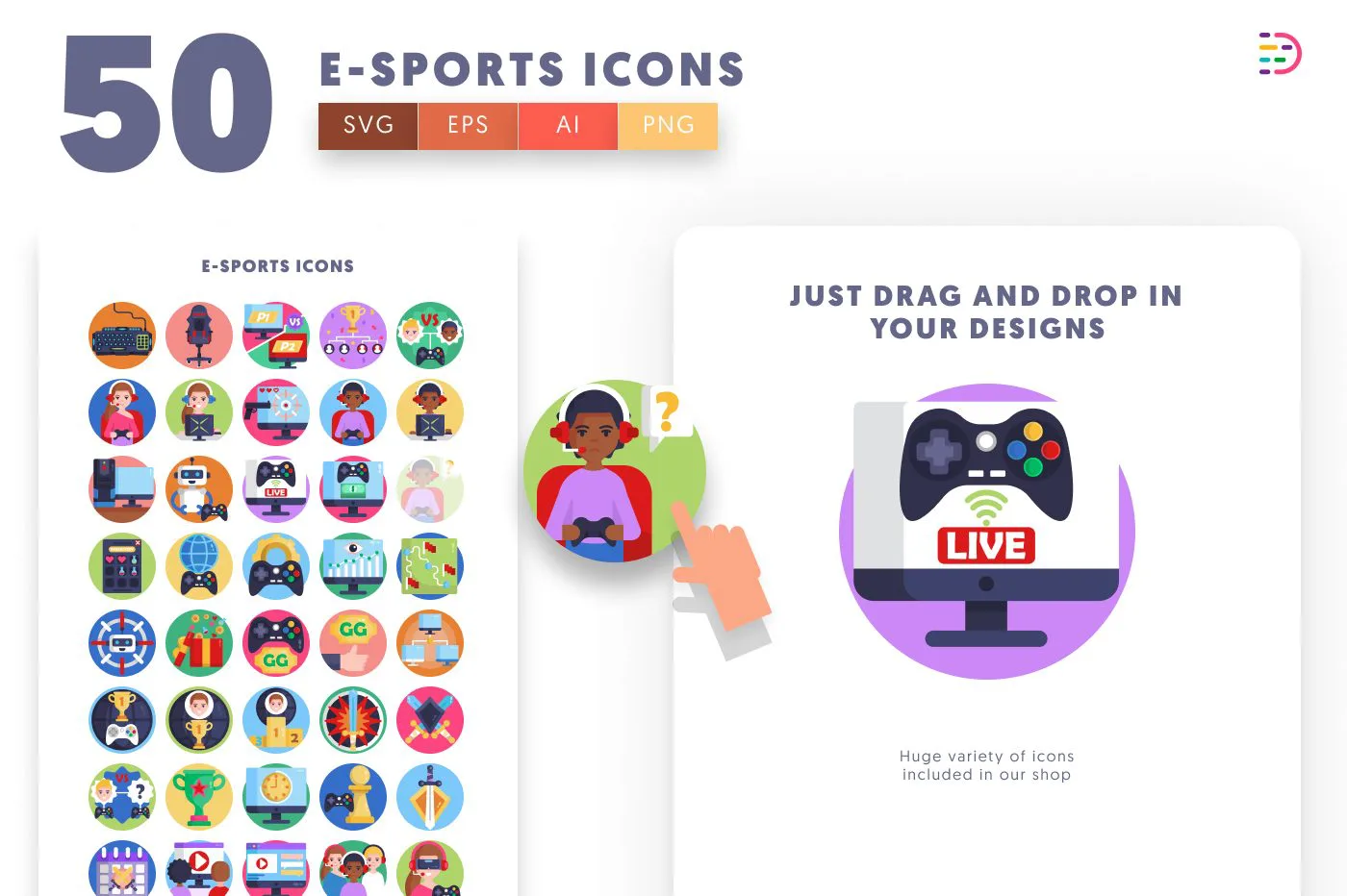 50 E-Sports Icons preview 1 – flat circle icons in PNG, SVG and EPS