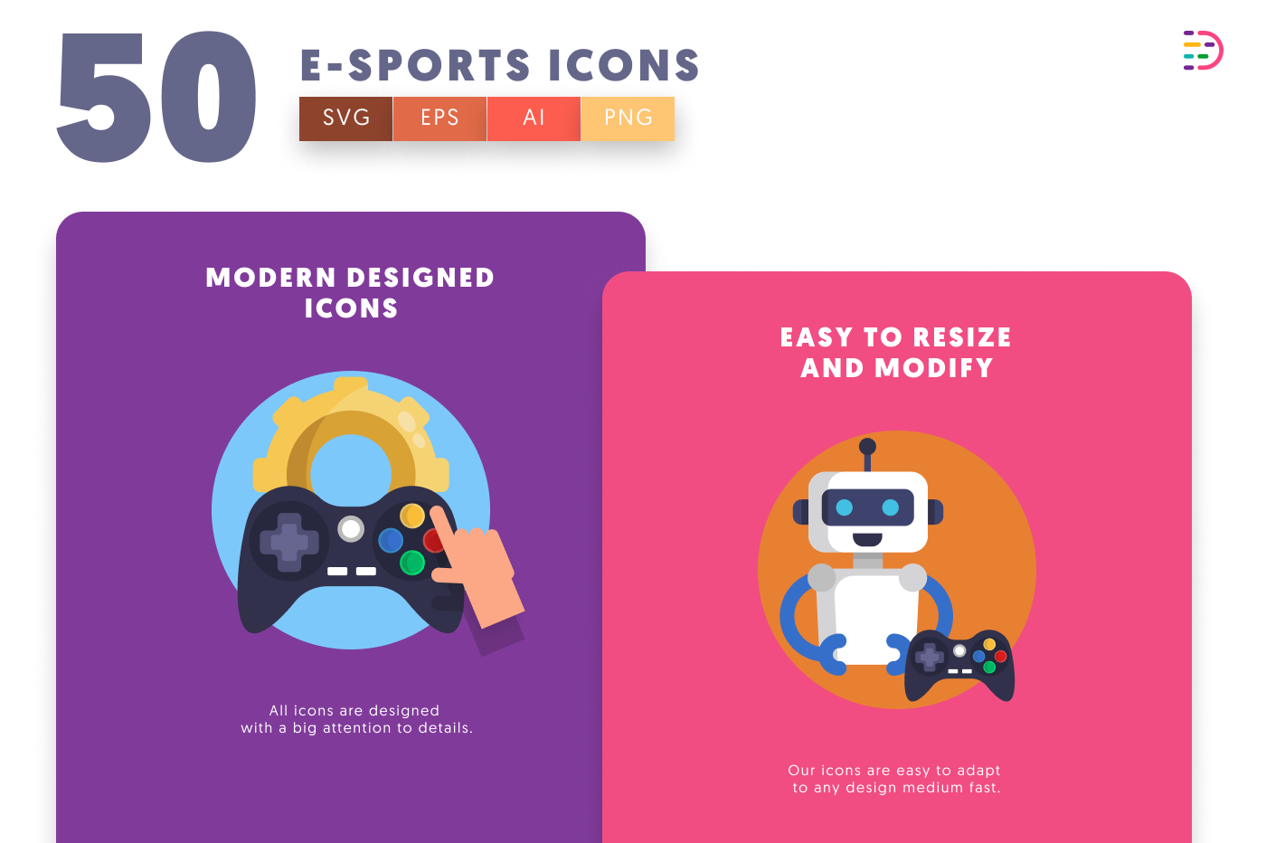 50 E-Sports Icons cover – flat circle icons in PNG, SVG and EPS