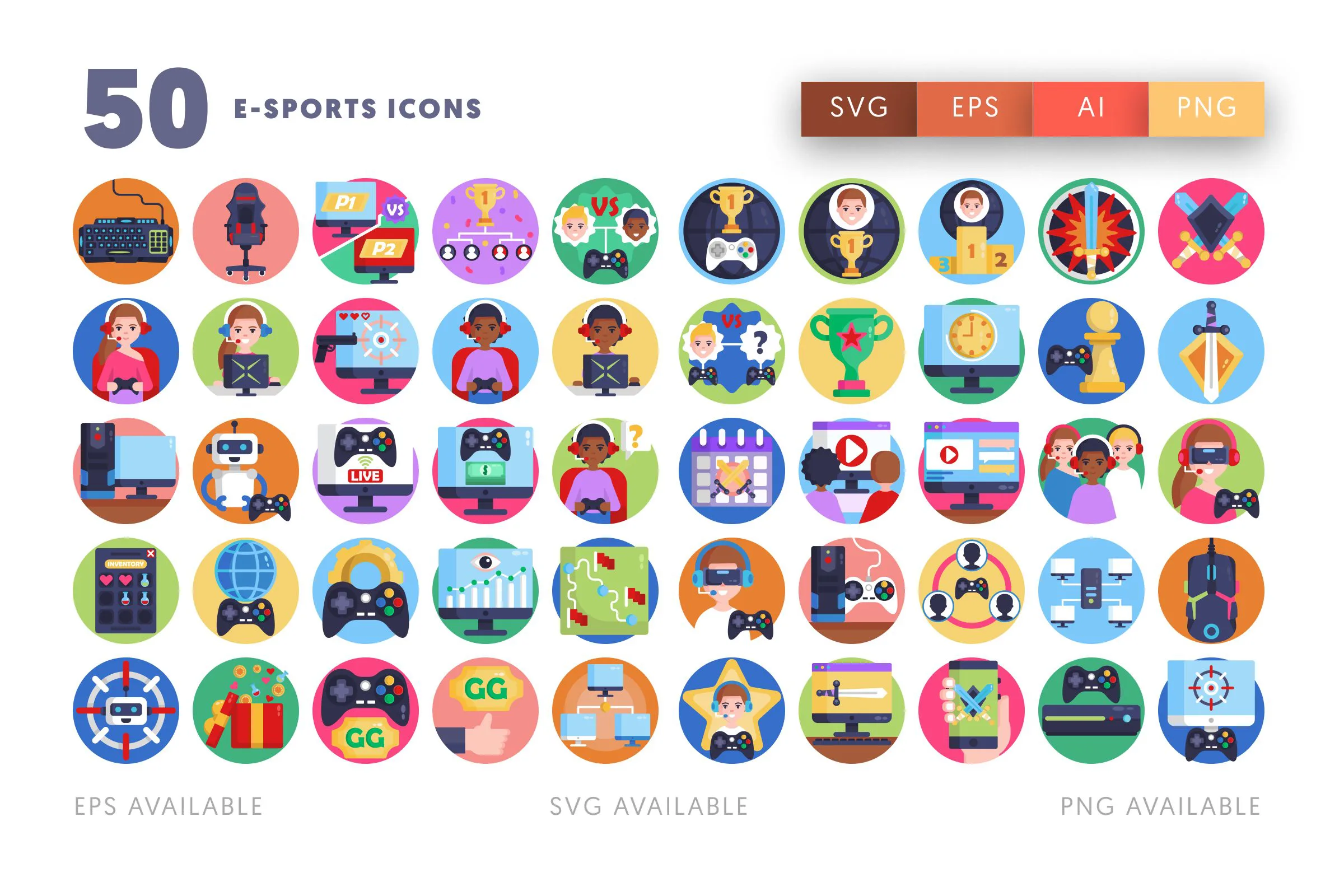 50 E-Sports Icons – flat circle icon set