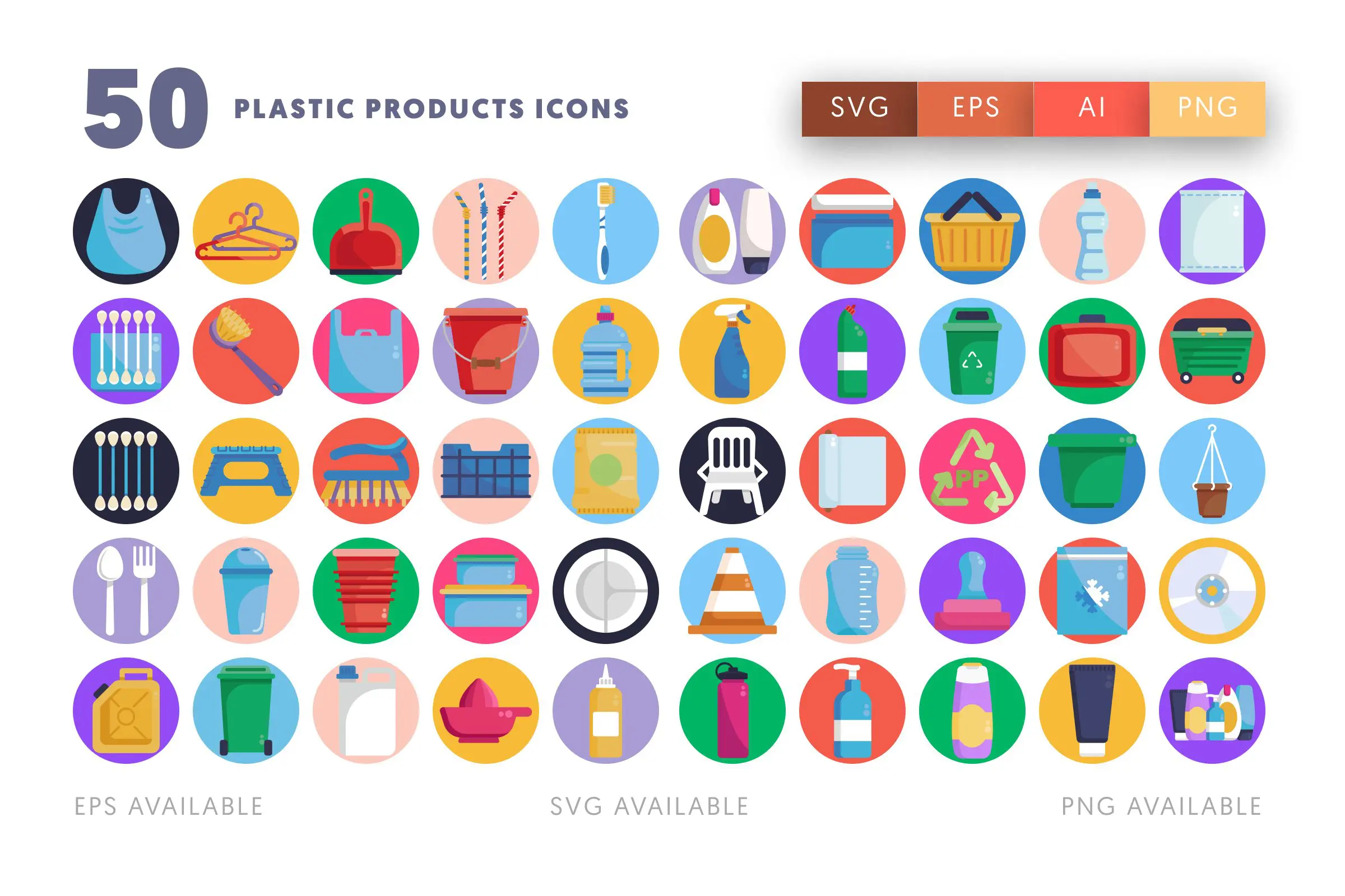 50 Plastic Products Icons – flat circle icon set