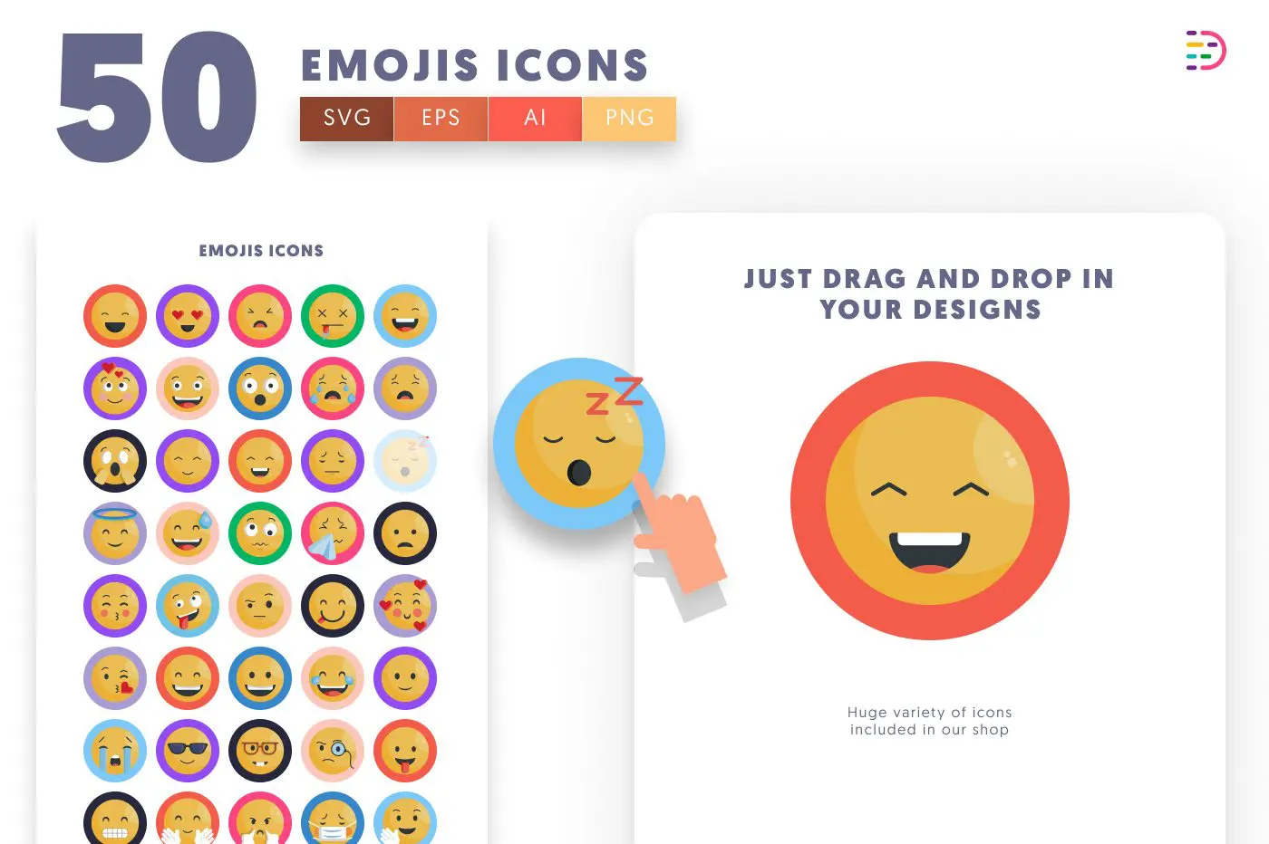 50 Emoji Icons preview 1 – flat circle icons in PNG, SVG and EPS