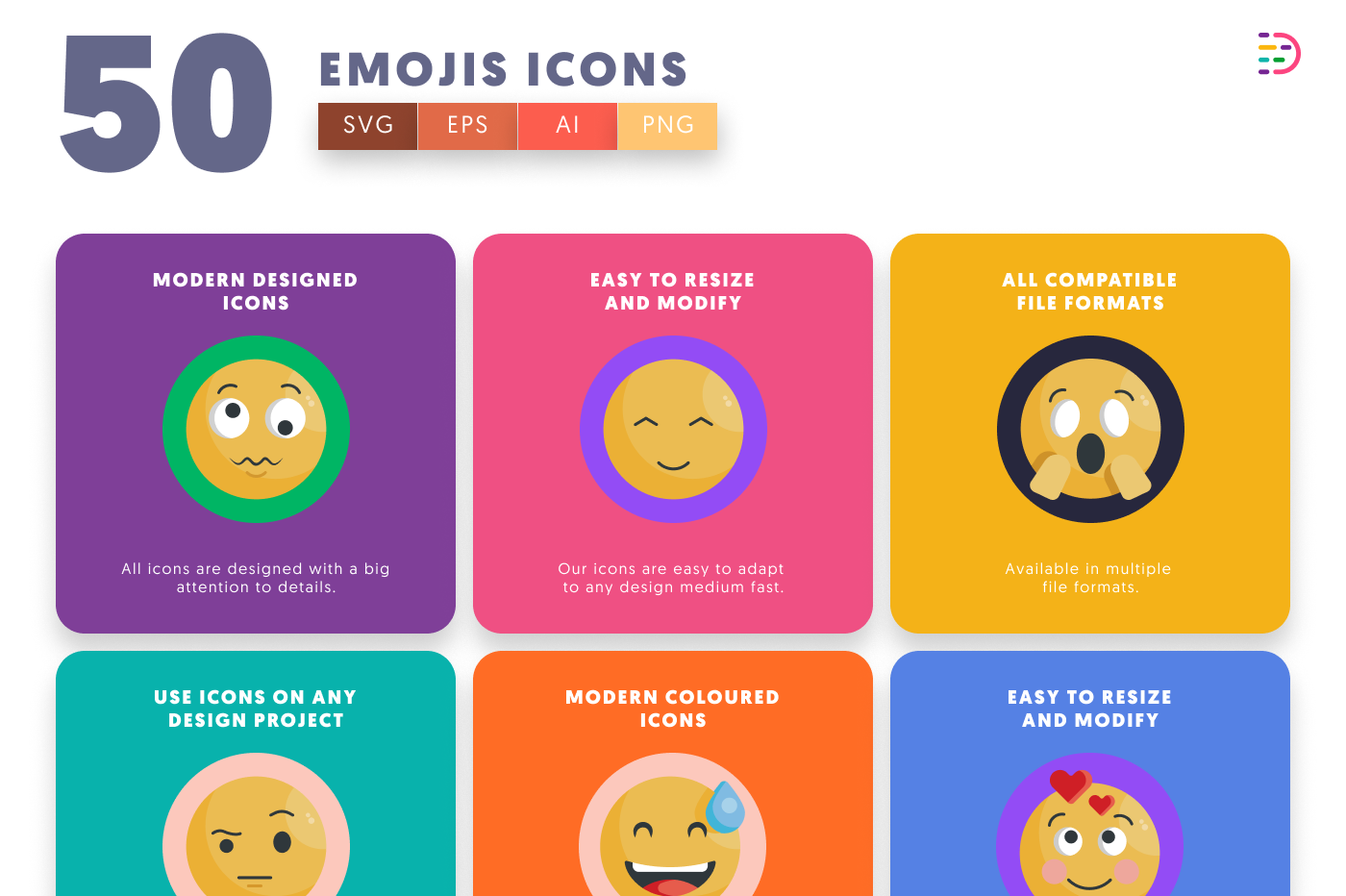 50 Emoji Icons preview 5 – flat circle icons in PNG, SVG and EPS