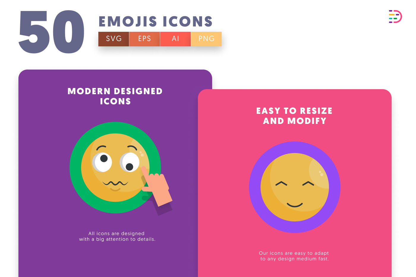 50 Emoji Icons cover – flat circle icons in PNG, SVG and EPS