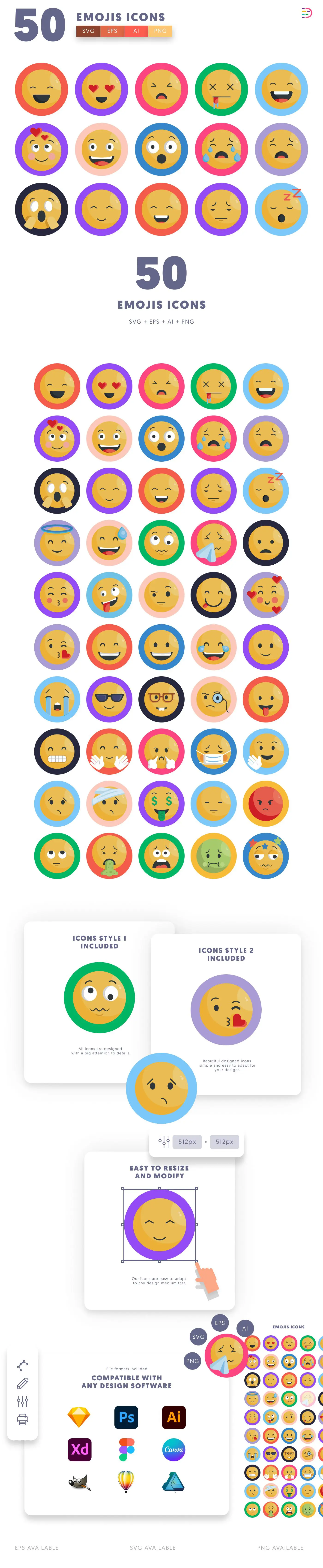 50 Emoji Icons cover – flat circle icons in PNG, SVG and EPS