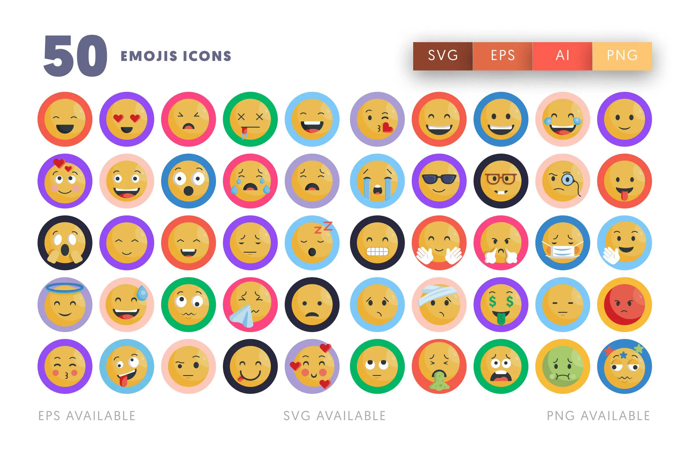 50 Emoji Icons – flat circle icon set