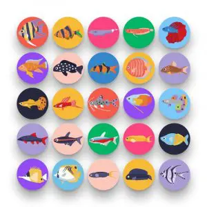 50 Exotic Fish Icons – set of colorful flat circle icons