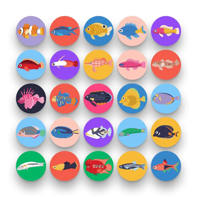 50 Exotic Fish Icons – set of colorful flat circle icons