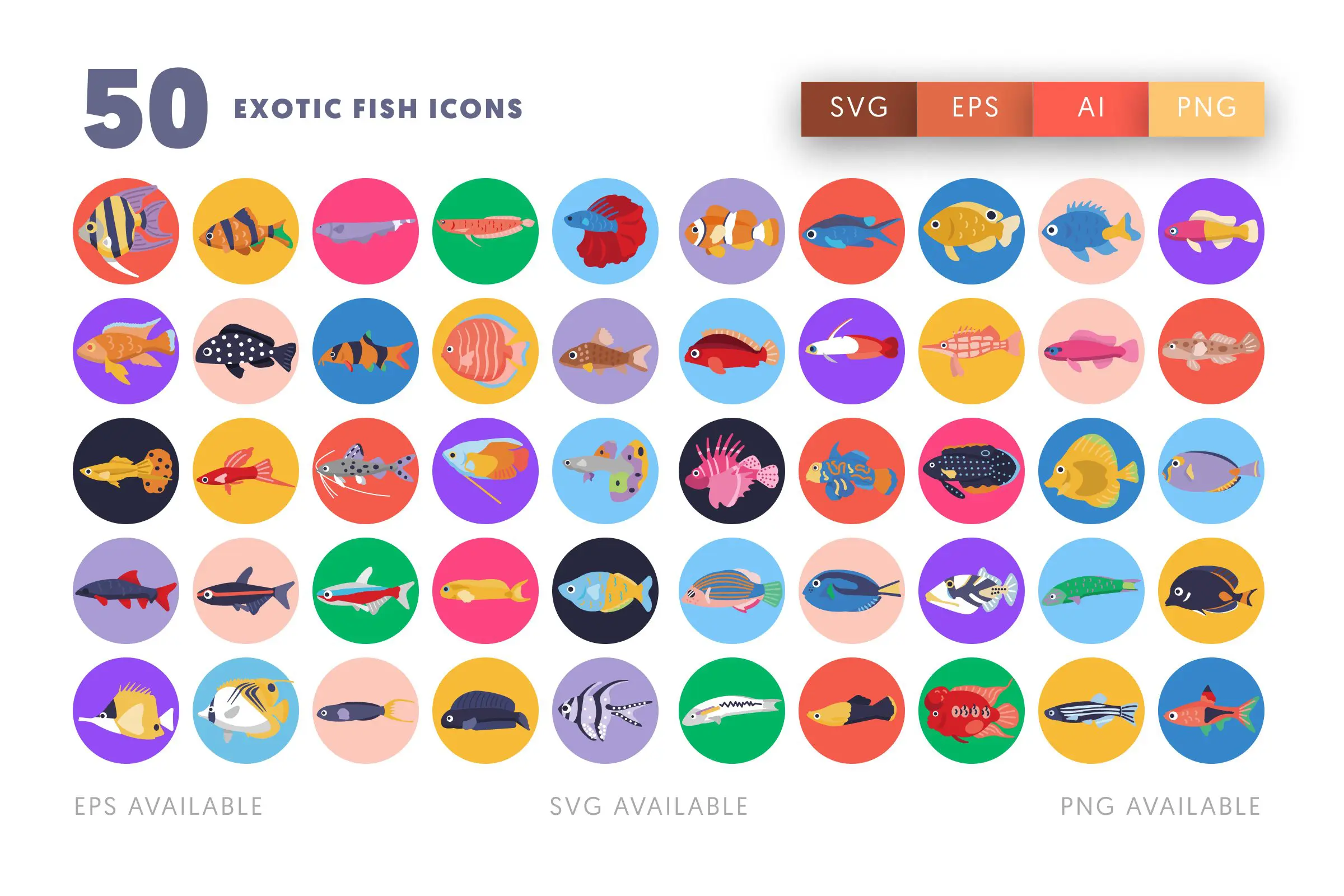 50 Exotic Fish Icons – flat circle icon set