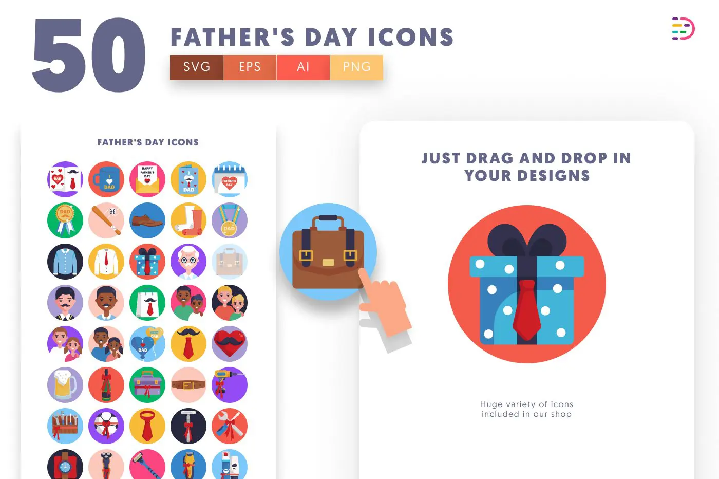 50 Father’s Day Icons preview 1 – flat circle icons in PNG, SVG and EPS