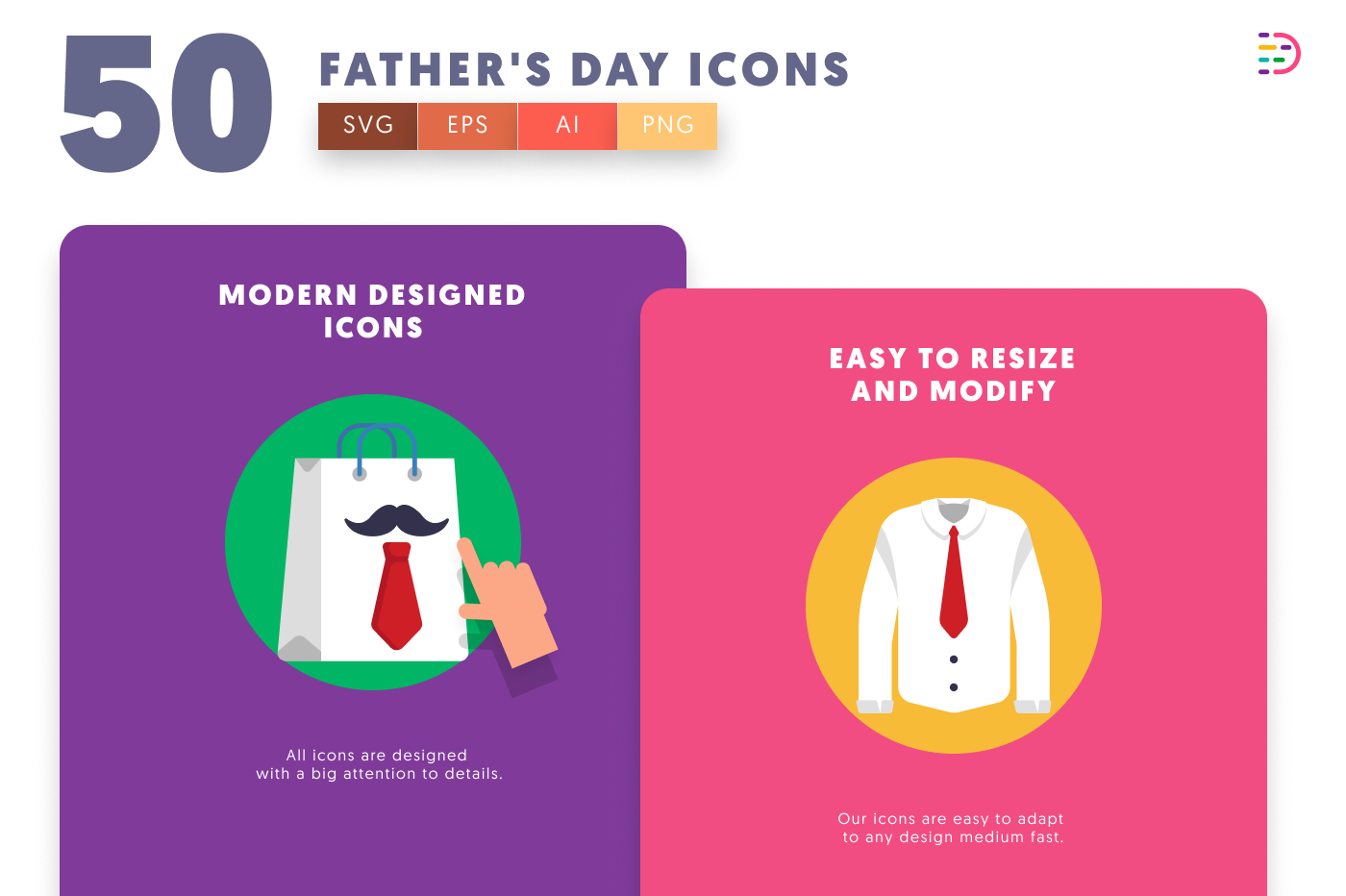 50 Father’s Day Icons cover – flat circle icons in PNG, SVG and EPS
