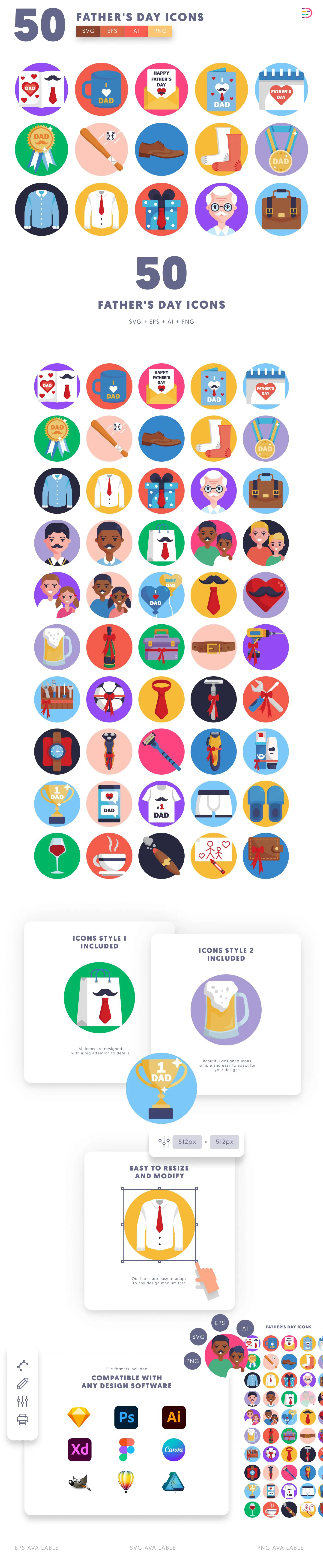 50 Father’s Day Icons cover – flat circle icons in PNG, SVG and EPS