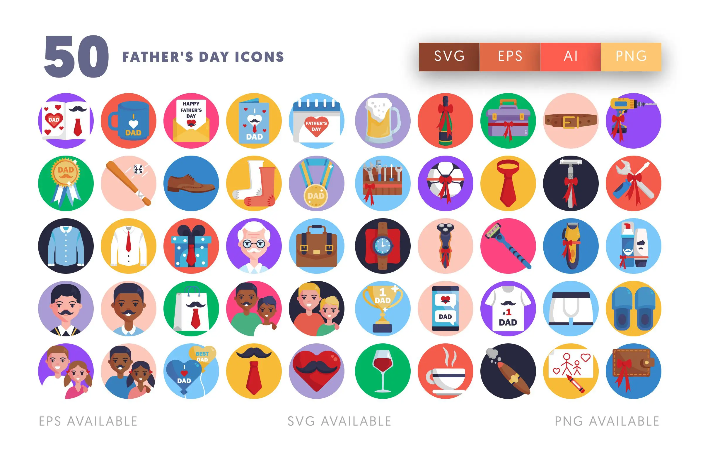 50 Father’s Day Icons – flat circle icon set