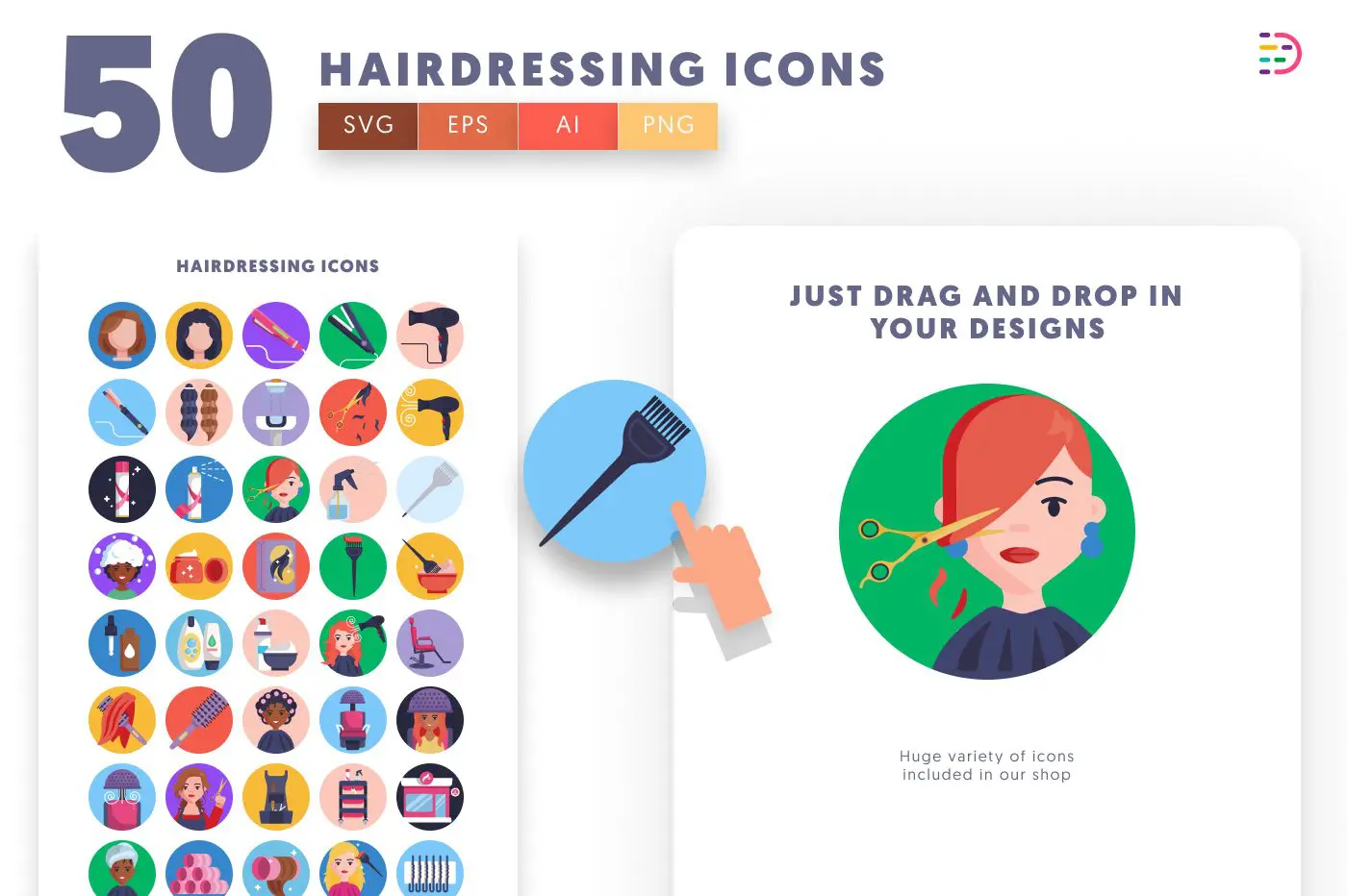 50 Hairdressing Icons preview 1 – flat circle icons in PNG, SVG and EPS