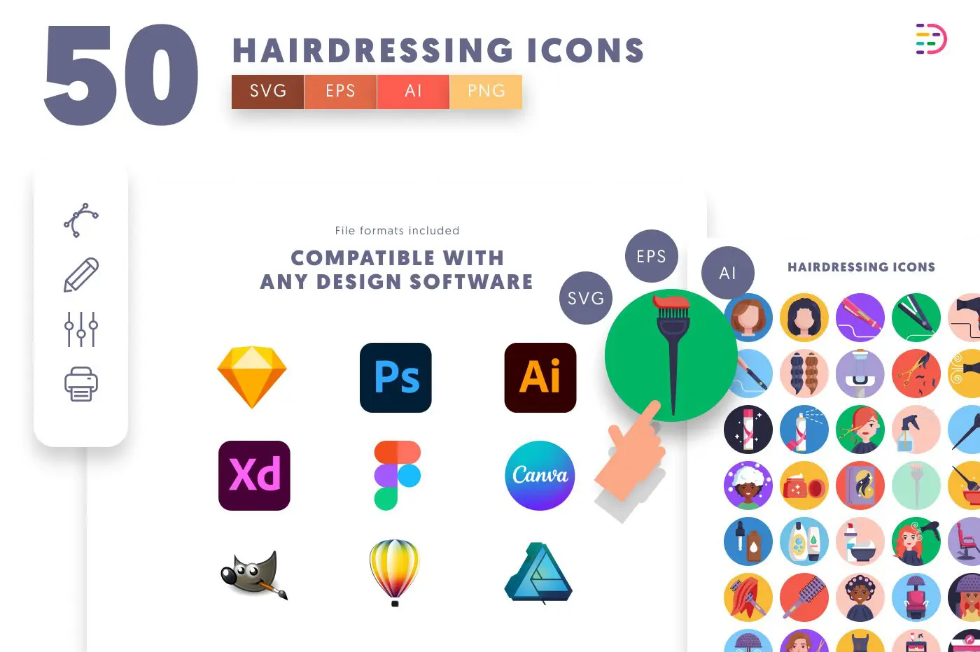 50 Hairdressing Icons preview 8 – flat circle icons in PNG, SVG and EPS