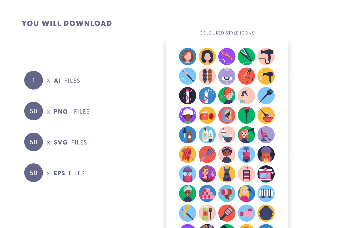 50 Hairdressing Icons preview 9 – flat circle icons in PNG, SVG and EPS