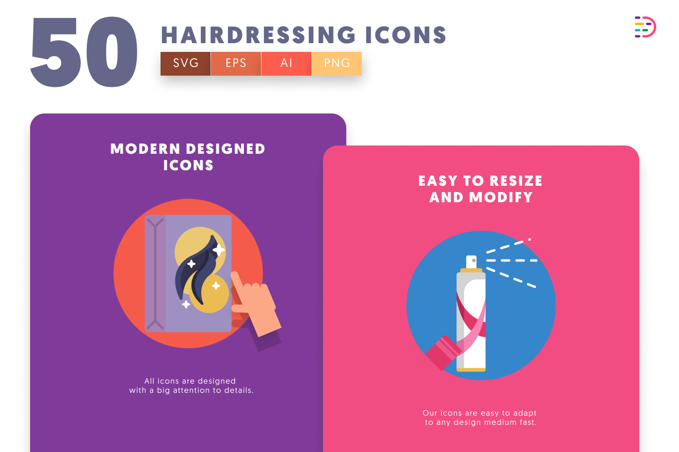50 Hairdressing Icons cover – flat circle icons in PNG, SVG and EPS