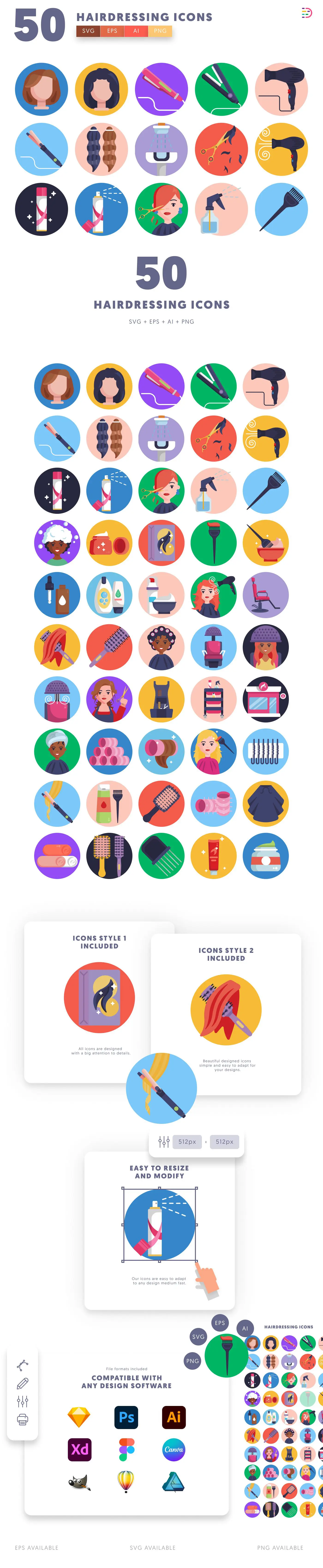50 Hairdressing Icons cover – flat circle icons in PNG, SVG and EPS