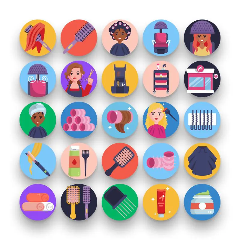 50 Hairdressing Icons – set of colorful flat circle icons
