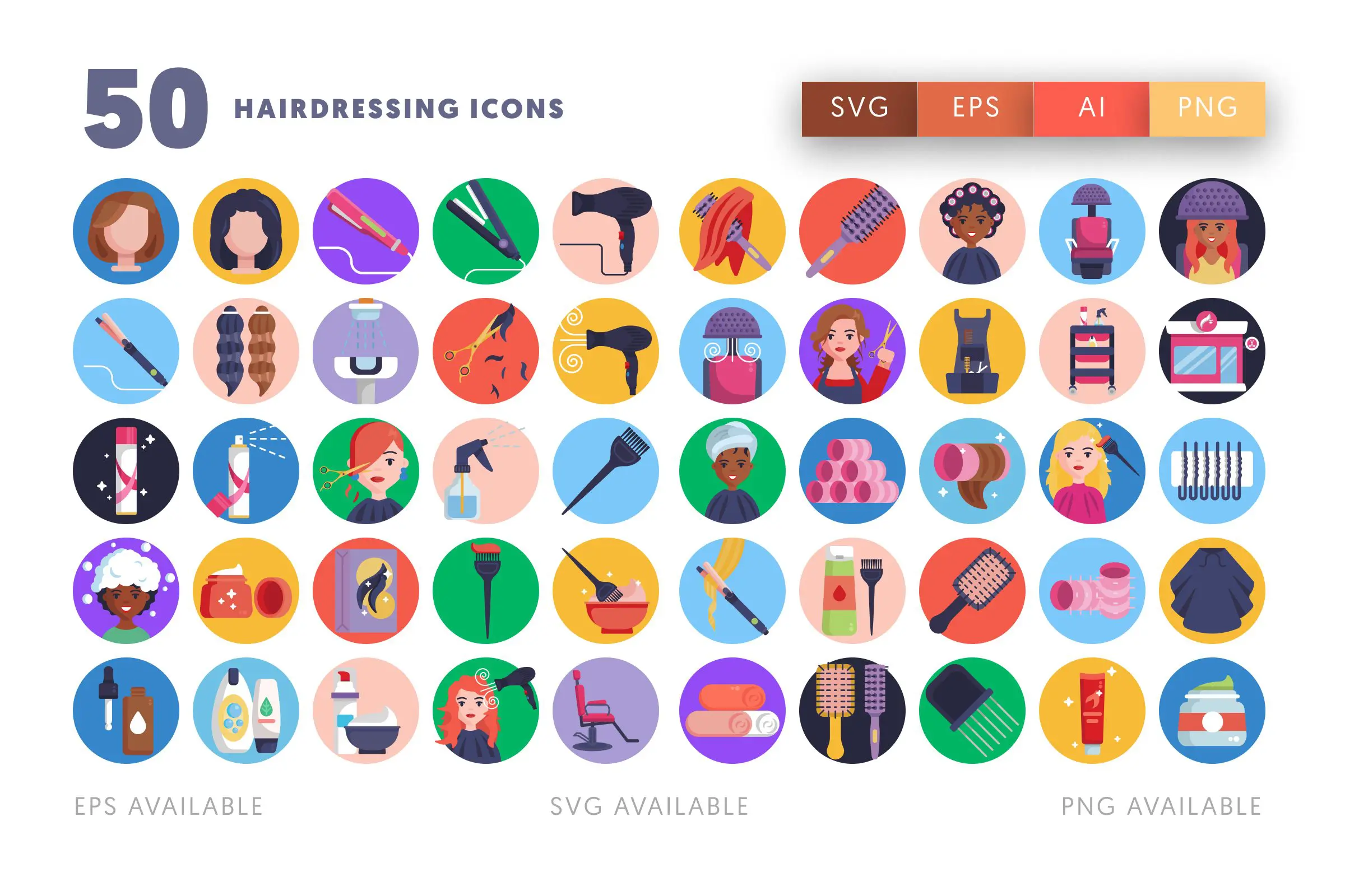 50 Hairdressing Icons – flat circle icon set