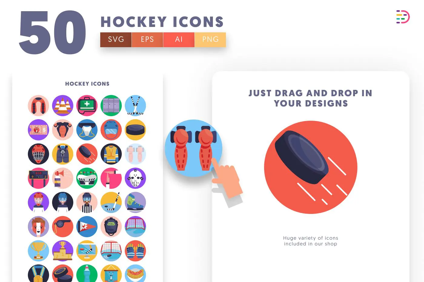 50 Hockey Icons preview 1 – flat circle icons in PNG, SVG and EPS