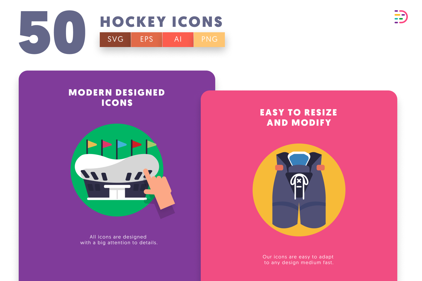 50 Hockey Icons cover – flat circle icons in PNG, SVG and EPS