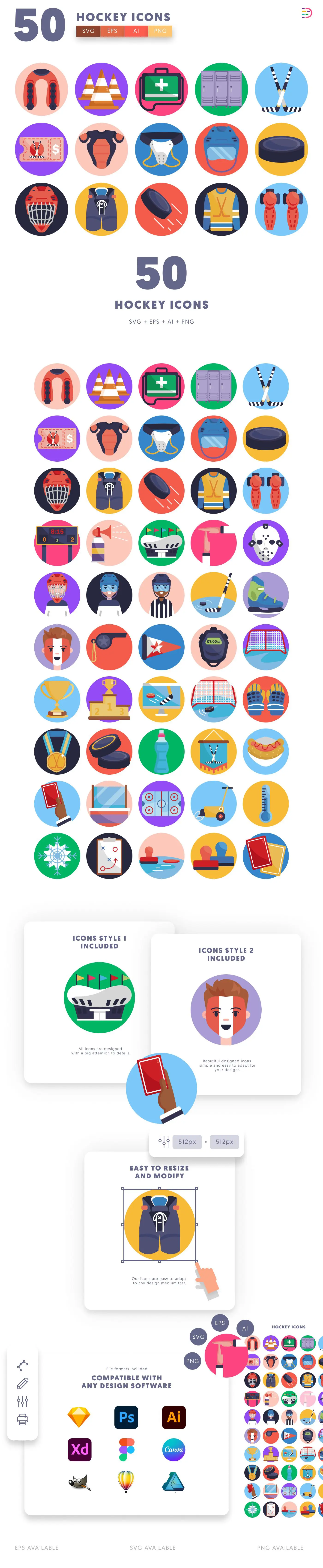 50 Hockey Icons cover – flat circle icons in PNG, SVG and EPS