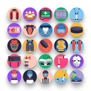 50 Hockey Icons – set of colorful flat circle icons