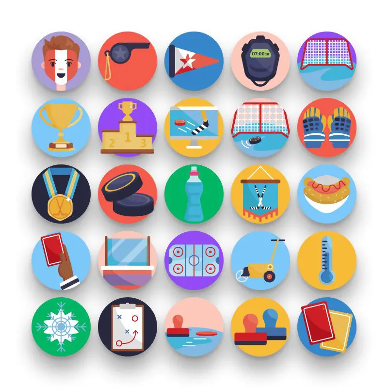 50 Hockey Icons – set of colorful flat circle icons