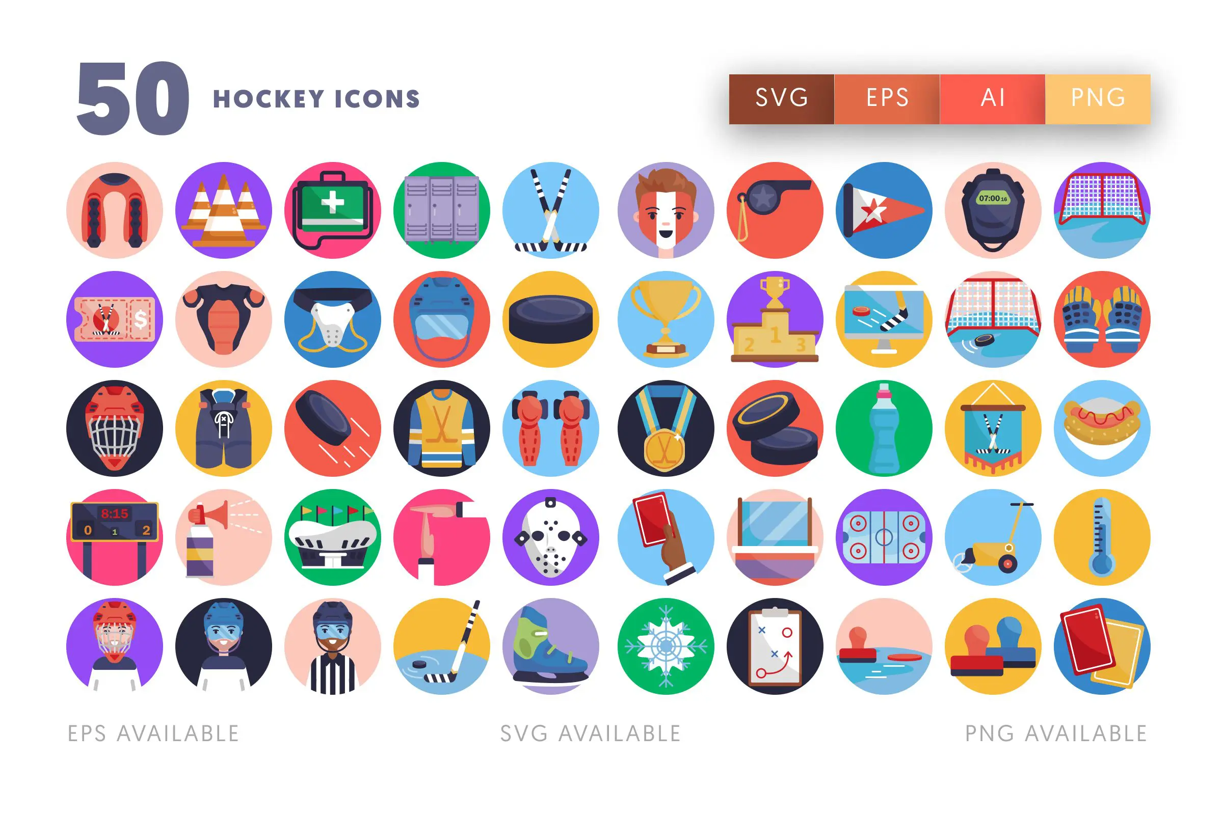50 Hockey Icons – flat circle icon set