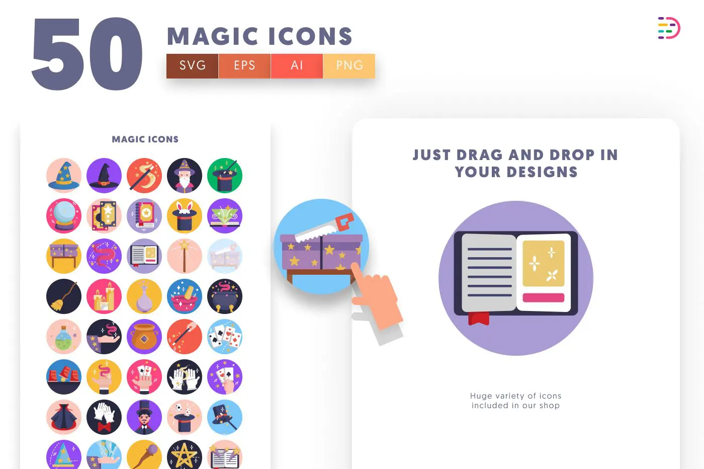 50 Magic Icons preview 1 – flat circle icons in PNG, SVG and EPS