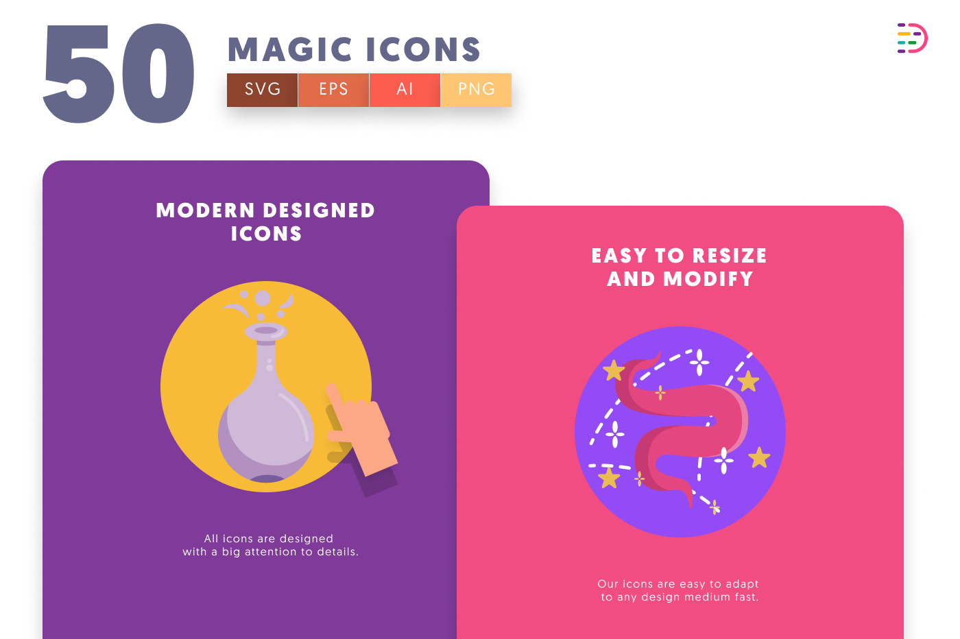 50 Magic Icons cover – flat circle icons in PNG, SVG and EPS