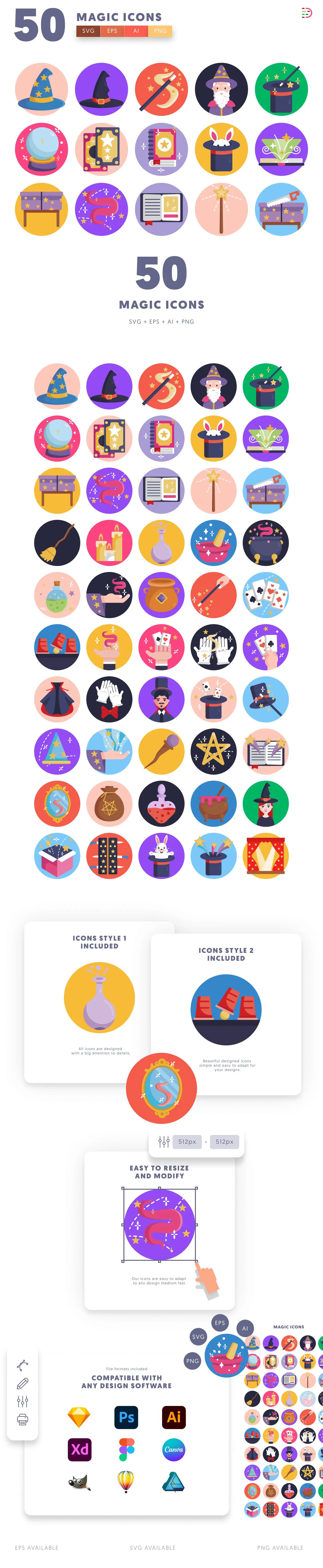 50 Magic Icons cover – flat circle icons in PNG, SVG and EPS